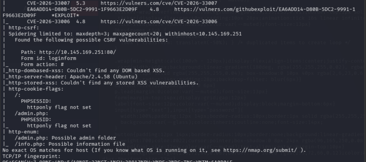 nmap findings showing /admin.php and httponly flag not set